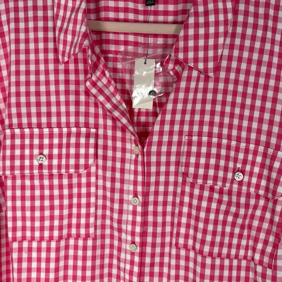 Talbots Woman Pink Gingham Partial Button Down Top Plus Size 3X Pockets Preppy - Picture 2 of 9